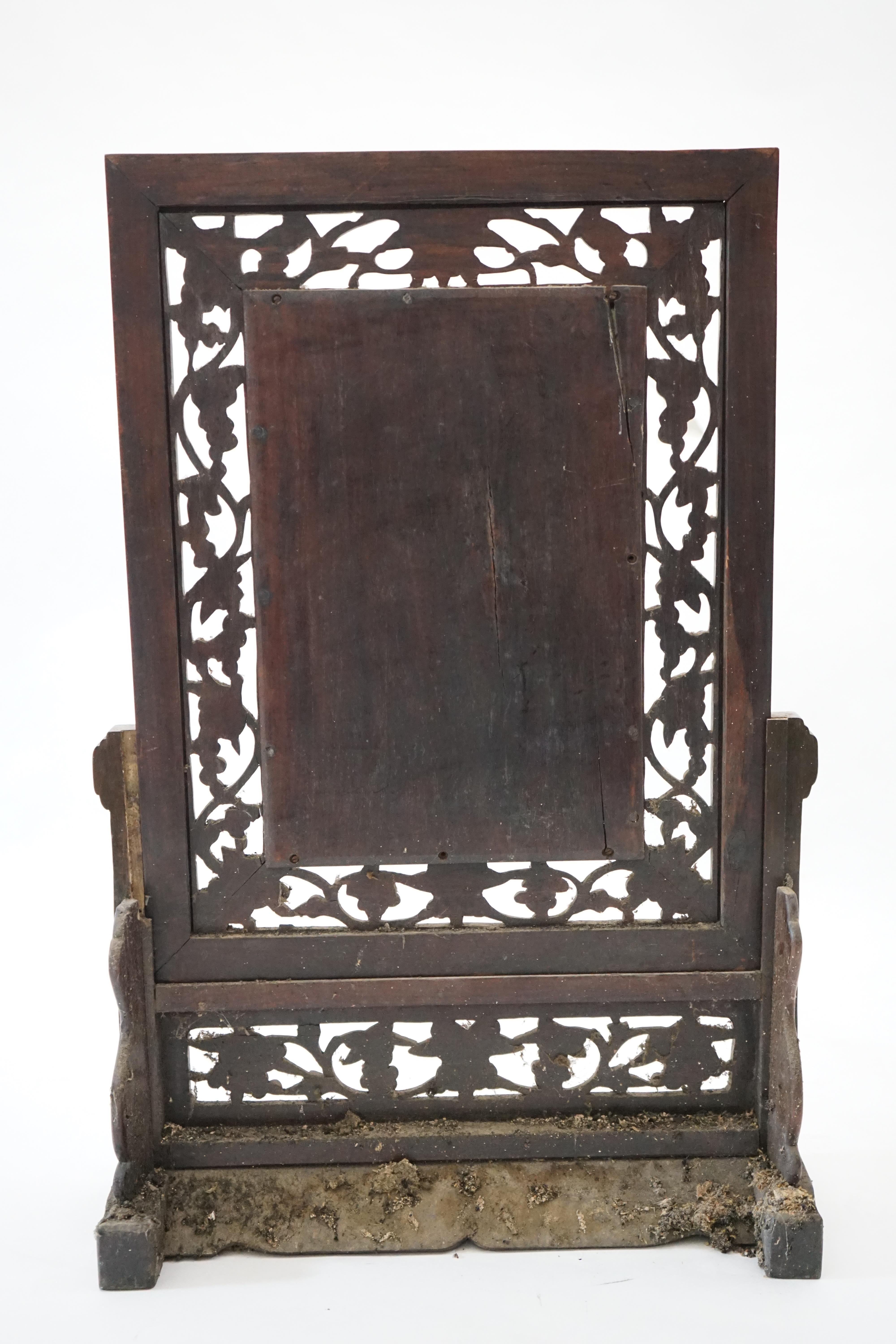 A Chinese enamelled porcelain and hardwood table screen Republic period, stand very dirty